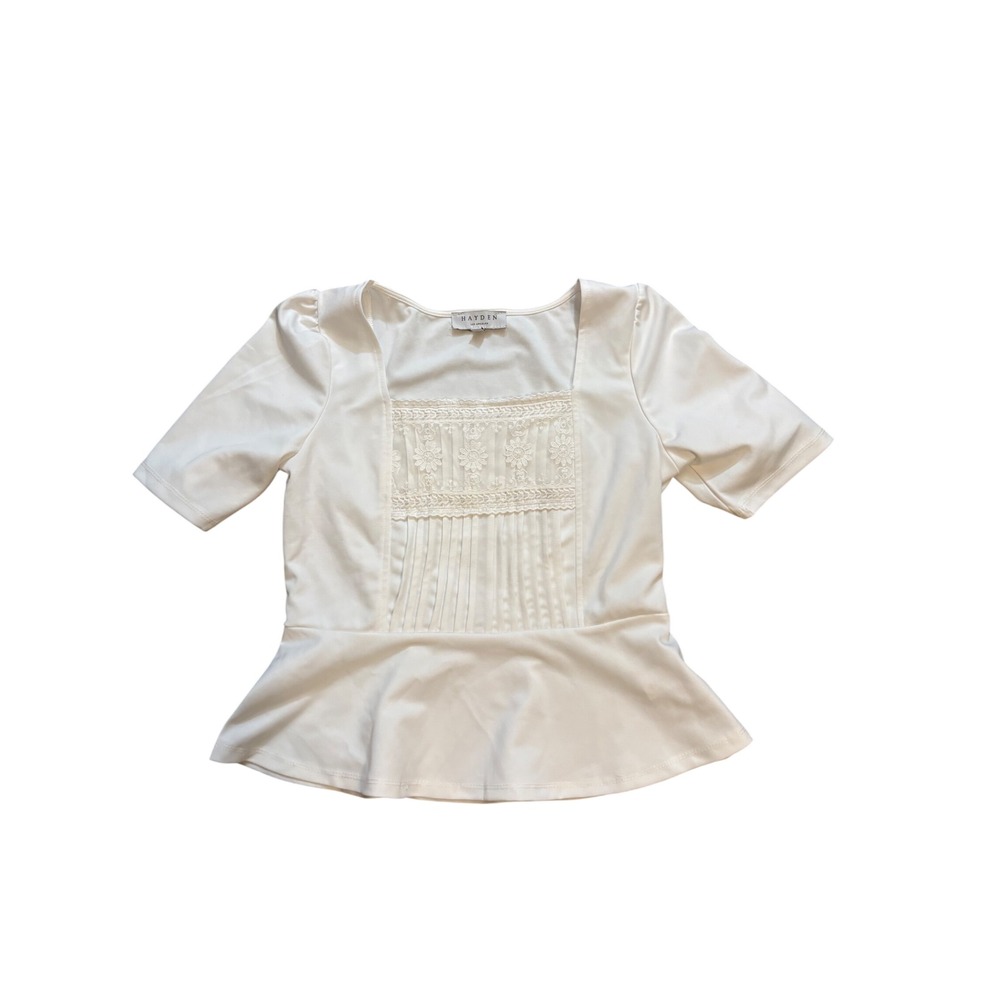 Hayden Los Angeles White Lace Pintuck Peplum Top Small Square Neck Coquette